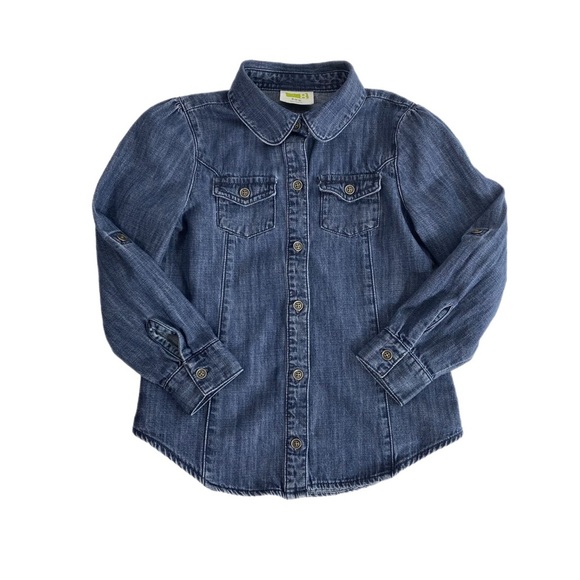 Crazy 8 Girl’s Ling Sleeve Pleated Shoulder Denim Jean Shirt - Picture 1 of 5